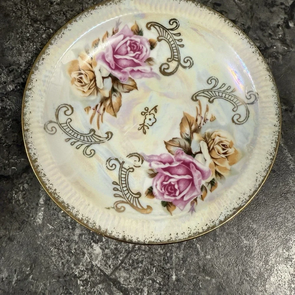 Vintage Inarco Japan Teacup Saucer Roses Gold Trim Lusterware Iridescent Rainbow